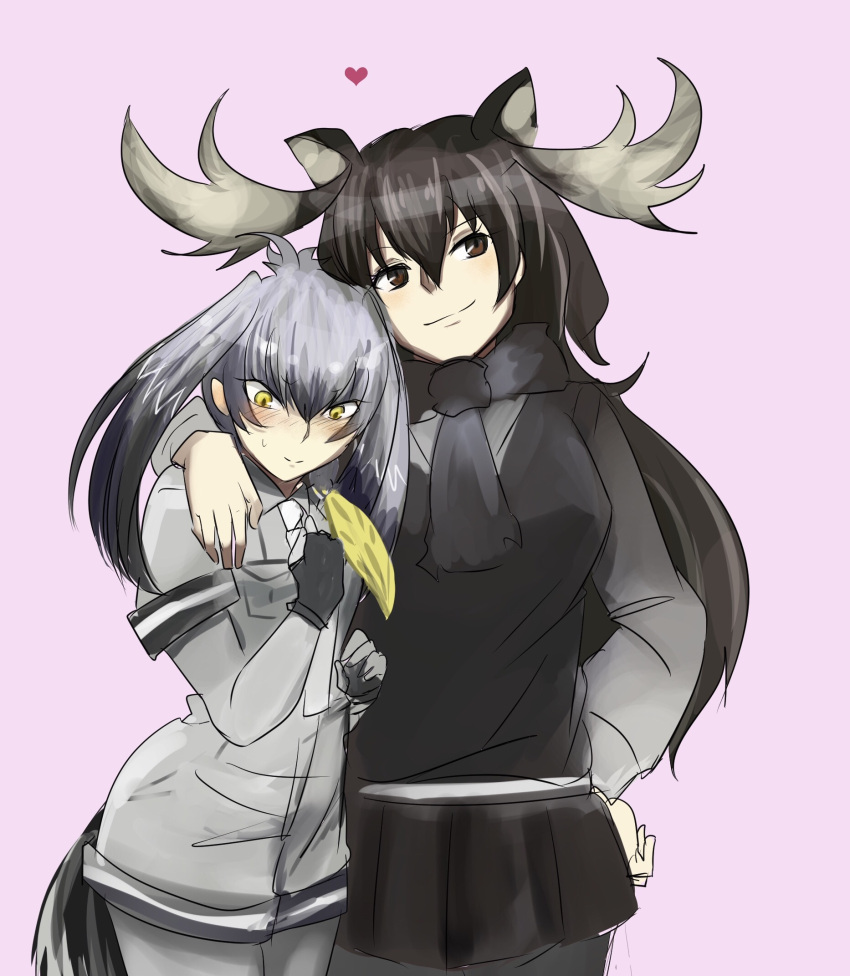 2girls animal_ears antlers arm_around_neck bangs bird_tail black_gloves black_hair blonde_hair blush bodystocking breast_pocket brown_eyes brown_hair closed_mouth collared_shirt couple eyebrows_visible_through_hair eyes_visible_through_hair fingerless_gloves fur_scarf gloves grey_hair grey_neckwear grey_shirt grey_shorts hair_between_eyes hand_on_hip hand_on_own_chest hands_up head_on_head heart highres jietou kemono_friends long_hair long_sleeves looking_down looking_to_the_side low_ponytail moose_(kemono_friends) moose_ears multicolored_hair multiple_girls necktie pink_background pocket scarf shirt shoebill_(kemono_friends) short_over_long_sleeves short_sleeves shorts side_ponytail silver_hair simple_background sketch skirt smile standing sweater tail upper_body yellow_eyes yuri