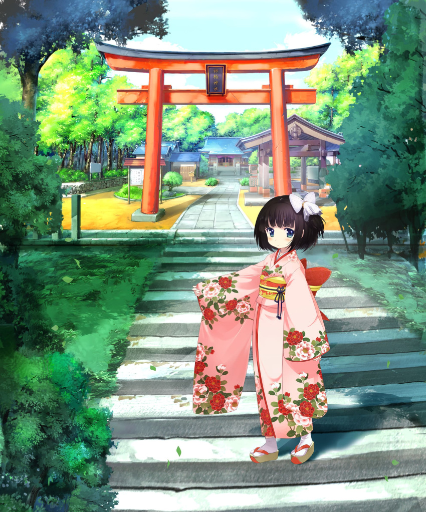 1girl akino_takehiko arm_up black_hair blue_eyes building floral_print forest hatsukoma_ruri highres japanese_clothes kimono nature obi official_art outdoors pink_kimono ruri_no_kasane_~imouto_monogatari~ sandals sash short_hair shrine side_ponytail solo stairs tabi torii tree