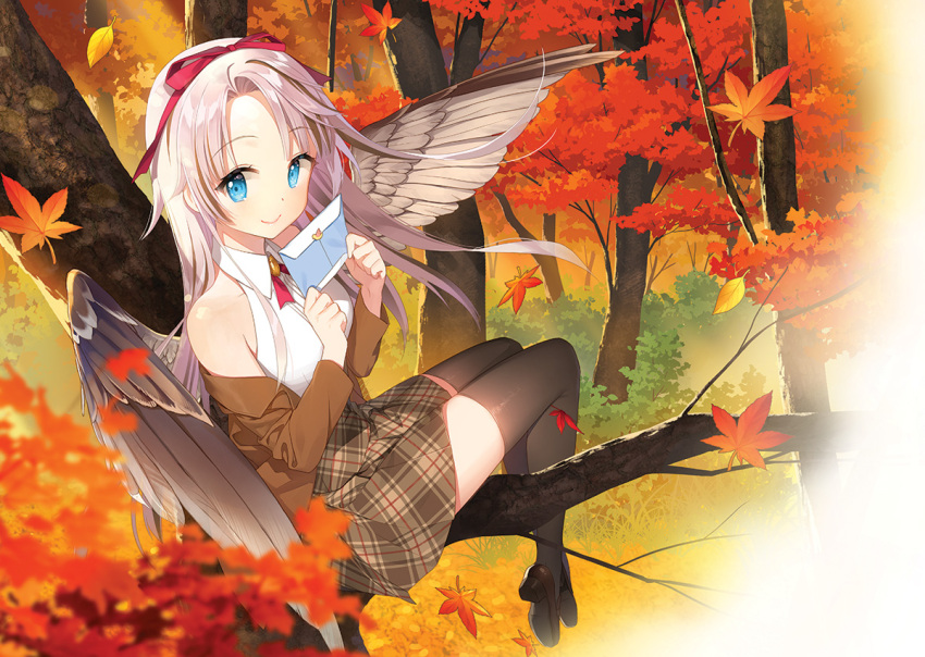 1girl autumn_leaves bangs bare_shoulders black_legwear blazer blue_eyes breasts brown_blazer brown_footwear brown_skirt brown_wings closed_mouth collared_shirt commentary_request day envelope eyebrows_visible_through_hair feathered_wings forest hands_up holding holding_envelope in_tree jacket leaf loafers long_hair long_sleeves maple_leaf nature off_shoulder open_blazer open_clothes open_jacket original outdoors parted_bangs plaid plaid_skirt pleated_skirt salt_(salty) shirt shoes silver_hair sitting skirt sleeveless sleeveless_shirt small_breasts smile solo thigh-highs tree very_long_hair white_shirt wings