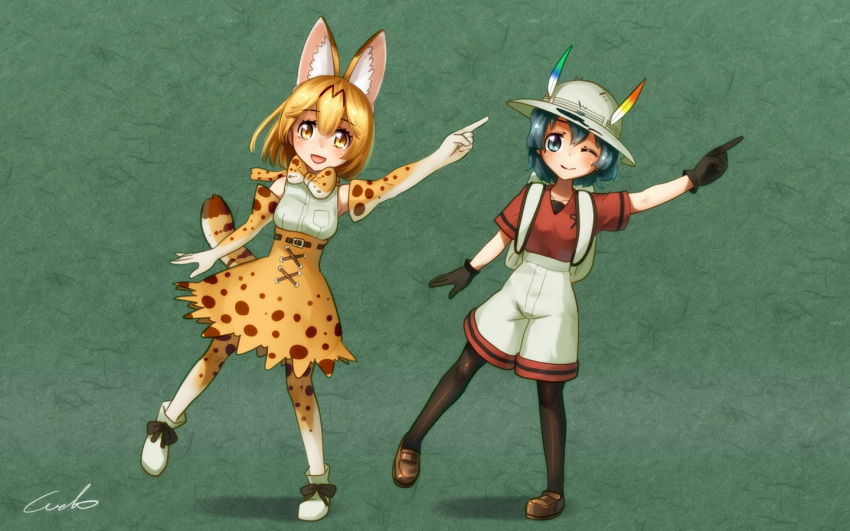 2girls :d ;) animal_ears backpack bag black_gloves black_legwear blonde_hair blue_eyes blue_hair boots bow bowtie commentary_request dancing elbow_gloves extra_ears eyebrows_visible_through_hair eyebrows_visible_through_hat full_body gloves green_background hair_between_eyes hat hat_feather high-waist_skirt index_finger_raised kaban_(kemono_friends) kemono_friends looking_at_viewer multiple_girls one_eye_closed open_mouth outstretched_arm pantyhose pantyhose_under_shorts print_bow print_gloves print_legwear print_skirt red_shirt serval_(kemono_friends) serval_ears serval_print serval_tail shirt shoes short_hair short_sleeves shorts signature simple_background skirt sleeveless smile tail thigh-highs welt_(kinsei_koutenkyoku) white_hat white_shirt white_shorts yellow_eyes