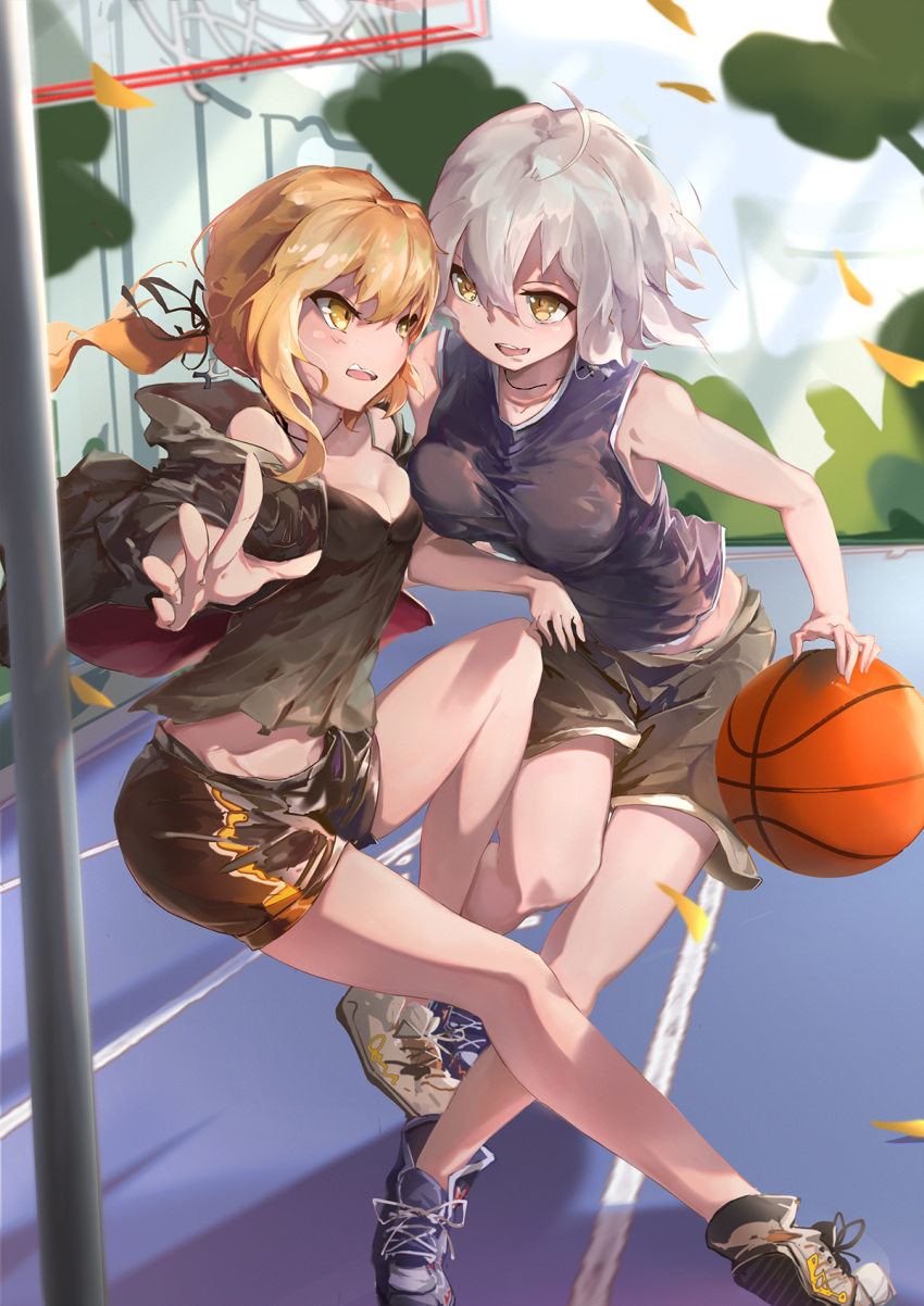 2girls ahoge alternate_costume artoria_pendragon_(all) ball bare_shoulders basketball bike_shorts black_jacket blonde_hair breasts commentary_request eyebrows_visible_through_hair fate/grand_order fate/stay_night fate_(series) hair_ribbon highres jacket jeanne_d'arc_(alter)_(fate) jeanne_d'arc_(fate)_(all) long_hair looking_at_another medium_breasts multiple_girls open_mouth outdoors renze_l ribbon saber_alter shoes short_hair silver_hair sleeveless sneakers sportswear yellow_eyes