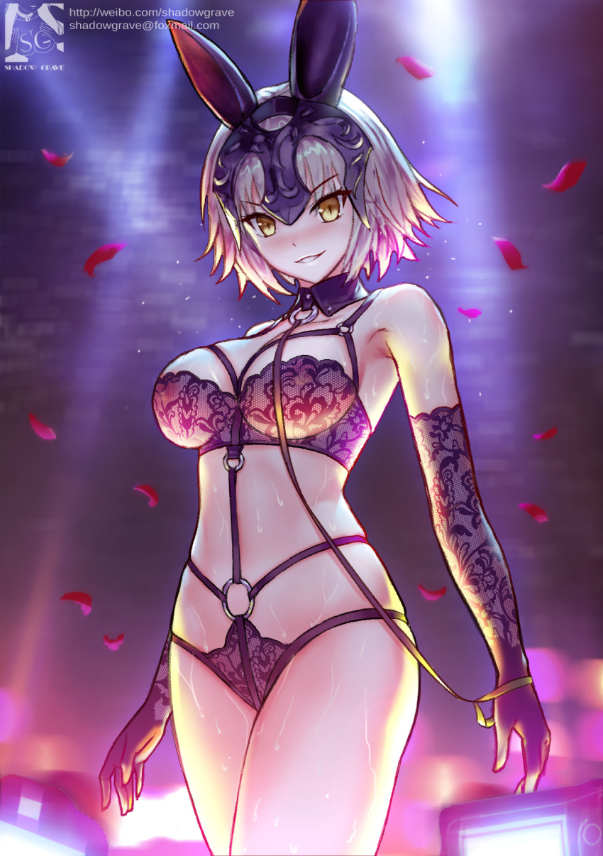 1girl animal_ears artist_logo blush breasts elbow_gloves eyebrows_visible_through_hair fate/grand_order fate_(series) gloves grey_hair harness headpiece highres jeanne_d'arc_(alter)_(fate) jeanne_d'arc_(fate)_(all) large_breasts leash lingerie looking_at_another petals rabbit_ears shadowgrave short_hair slit_pupils smile solo standing sweat underwear weibo_username yellow_eyes