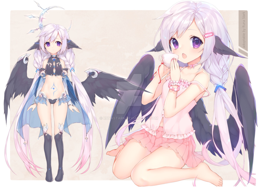 bare_shoulders braid character_sheet highres long_hair original runastark silver_hair skin_tight skirt violet_eyes wings