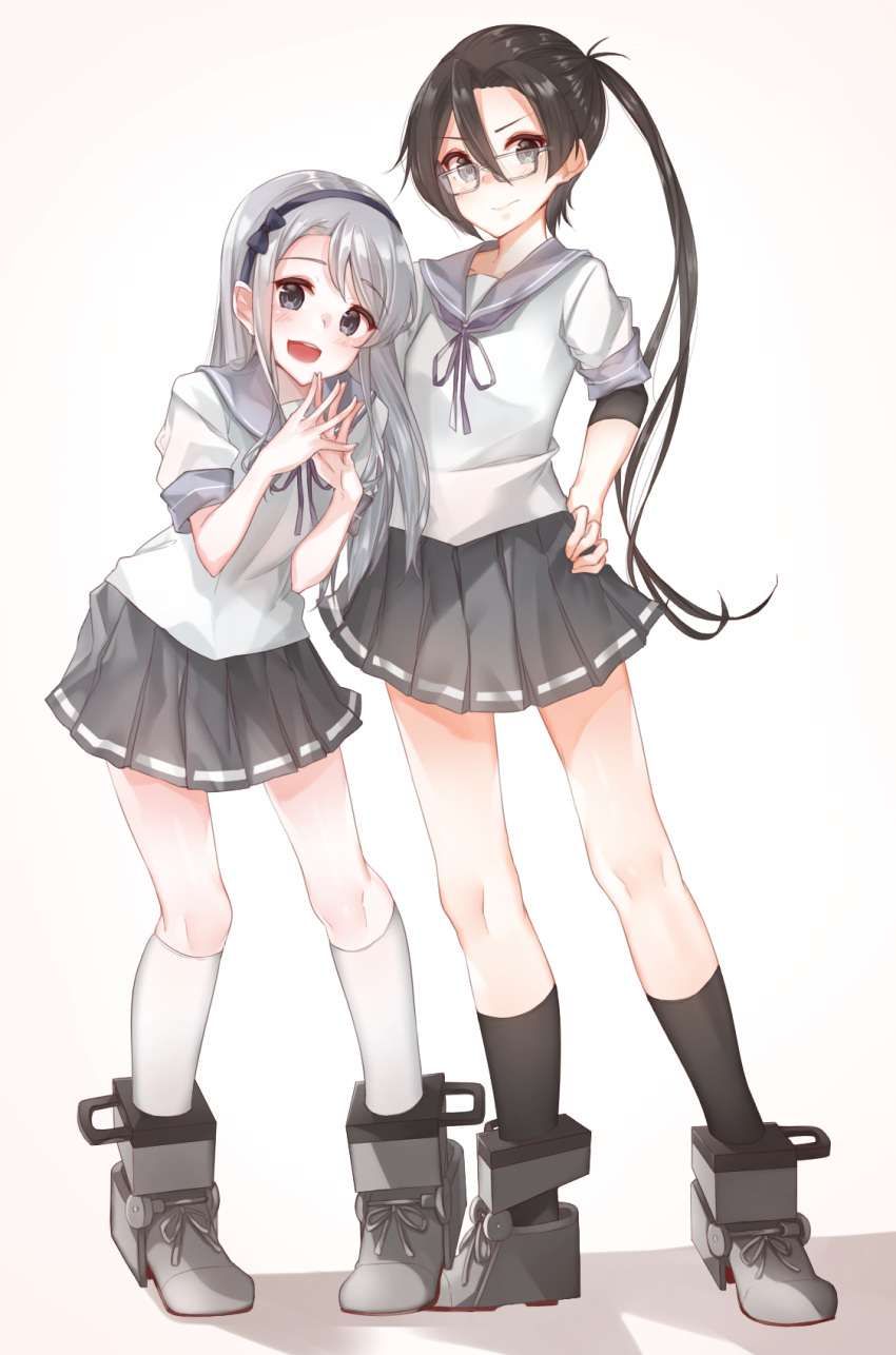 2girls amagiri_(kantai_collection) asymmetrical_bangs bangs black_eyes black_legwear blue_bow blue_hairband bow full_body glasses grey_eyes grey_hair grey_ribbon grey_sailor_collar grey_skirt hair_between_eyes hairband highres kanae_(inorin05kanae) kantai_collection kneehighs leaning_forward long_hair looking_at_viewer multiple_girls open_mouth pleated_skirt ponytail sagiri_(kantai_collection) sailor_collar school_uniform serafuku short_sleeves skirt smile standing swept_bangs very_long_hair white_legwear