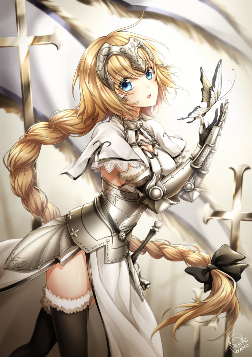 1girl armor armored_dress bambi_nano bangs black_bow black_legwear blonde_hair blue_eyes bow braid breasts bug butterfly capelet cleavage dress eyebrows_visible_through_hair fate/apocrypha fate_(series) floating_hair fur_trim gauntlets hair_between_eyes hair_bow highres insect jeanne_d'arc_(fate) jeanne_d'arc_(fate)_(all) long_hair looking_at_viewer medium_breasts open_mouth ponytail sideboob single_braid solo standing sword thigh-highs very_long_hair weapon white_capelet white_dress