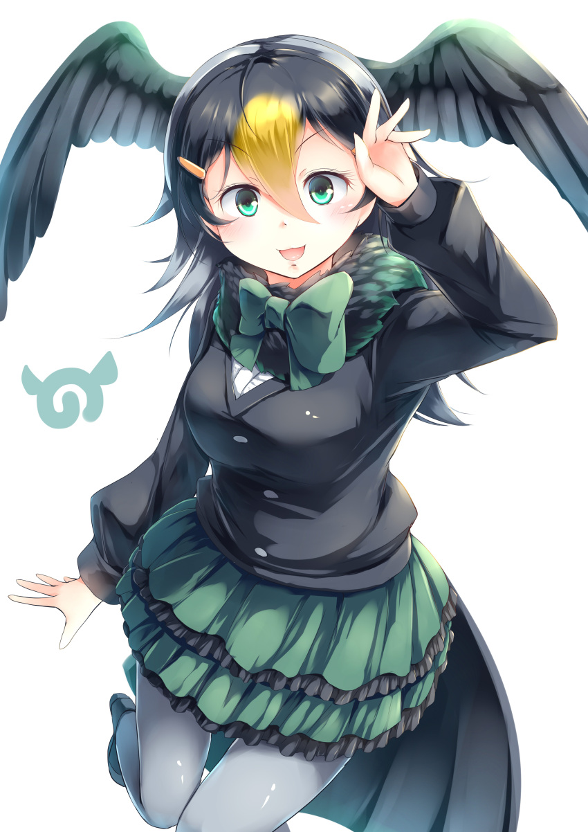 1girl :d absurdres black_hair blonde_hair bow bowtie commentary_request frilled_skirt frills fur_collar green_bow green_eyes green_skirt grey_legwear hair_between_eyes hair_ornament hairclip hand_up head_wings highres japanese_cormorant_(kemono_friends) japari_symbol kanzakietc kemono_friends long_sleeves looking_at_viewer multicolored_hair open_mouth pantyhose simple_background skirt smile solo white_background