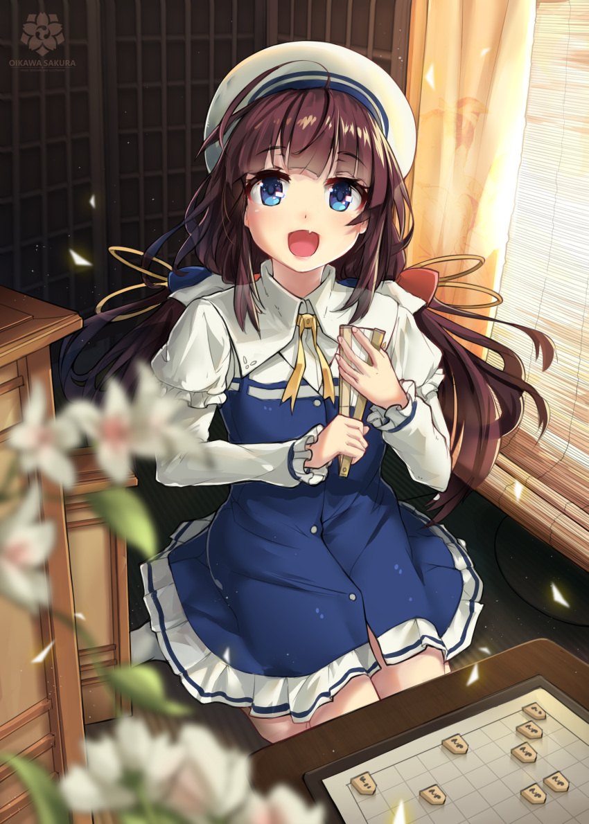 1girl :d absurdres ahoge bangs beret blue_dress blue_eyes blurry blurry_foreground board_game brown_hair closed_fan commentary_request curtains depth_of_field dress eyebrows_visible_through_hair fan fang flower folding_fan hat highres hinatsuru_ai holding holding_fan indoors long_hair long_sleeves looking_at_viewer low_twintails oikawa_sakura open_mouth puffy_short_sleeves puffy_sleeves ryuuou_no_oshigoto! school_uniform short_over_long_sleeves short_sleeves shougi shougi_piece sitting smile socks solo twintails very_long_hair wariza white_flower white_hat white_legwear