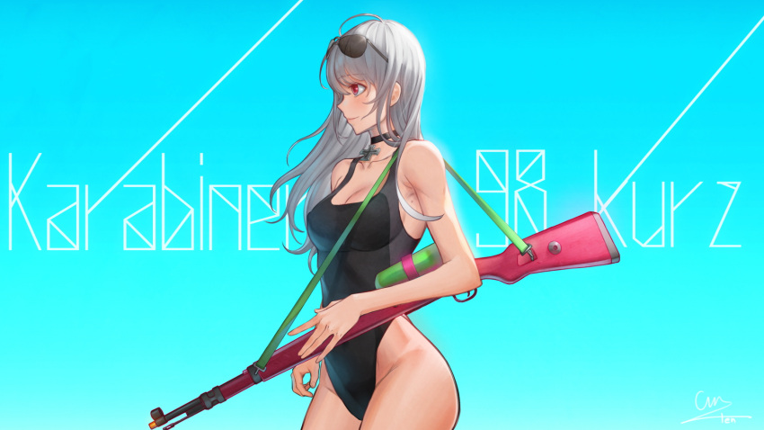 1girl 2692hd :o alternate_costume bangs bare_shoulders black_swimsuit blue_background blush bolt_action breasts character_name cleavage closed_mouth collarbone cross_choker eyebrows_visible_through_hair eyewear_on_head from_side girls_frontline groin gun hair_between_eyes hat highleg highleg_swimsuit highres holding holding_gun holding_weapon iron_cross kar98k_(girls_frontline) large_breasts long_hair looking_afar looking_at_viewer mauser_98 one-piece_swimsuit red_eyes rifle sidelocks signature simple_background solo sunglasses swimsuit thighs very_long_hair water_gun weapon white_hair