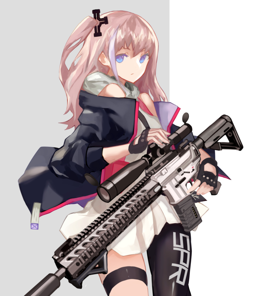 1girl black_gloves black_jacket black_legwear blue_eyes brown_hair cancell cowboy_shot fingerless_gloves girls_frontline gloves grey_background gun hair_ornament highres holding holding_gun holding_weapon jacket legband long_sleeves looking_at_viewer multicolored_hair off_shoulder one_side_up open_clothes open_jacket rifle scope simple_background single_thighhigh skirt sniper_rifle solo st_ar-15_(girls_frontline) standing thigh-highs violet_eyes weapon white_skirt