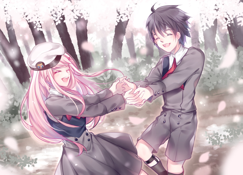 1boy 1girl black_hair blush cherry_blossoms closed_eyes commentary_request couple darling_in_the_franxx eyebrows_visible_through_hair flower hand_holding hat hetero highres hiro_(darling_in_the_franxx) horn interlocked_fingers koynoppanuch long_hair military military_uniform necktie oni_horns peaked_cap petals pink_hair red_horns red_neckwear short_hair socks tree uniform white_hat zero_two_(darling_in_the_franxx)