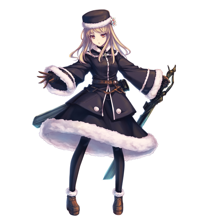 1girl bangs black_hat black_legwear black_skirt blonde_hair boots brown_eyes brown_footwear brown_gloves eyebrows_visible_through_hair floating_hair flower full_body fur_trim gloves hair_flower hair_ornament hat highres holding holding_sword holding_weapon long_hair open_mouth original outstretched_arms simple_background skirt solo sword tenmaso weapon white_background white_flower winter_clothes