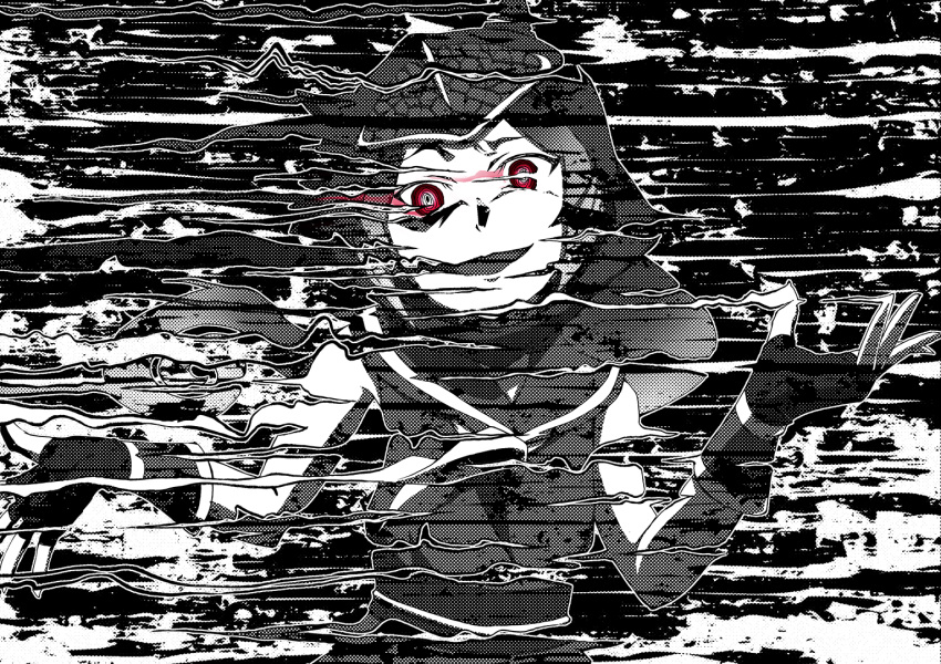 1girl @_@ blurry_vision crazy_eyes crazy_smile gloves greyscale halftone hood kaya_(nari1-24) kemono_friends looking_at_viewer monochrome open_mouth outstretched_arms panther_chameleon_(kemono_friends) red_eyes shirt short_hair sleeveless sleeveless_shirt smile solo spot_color spread_arms standing upper_body