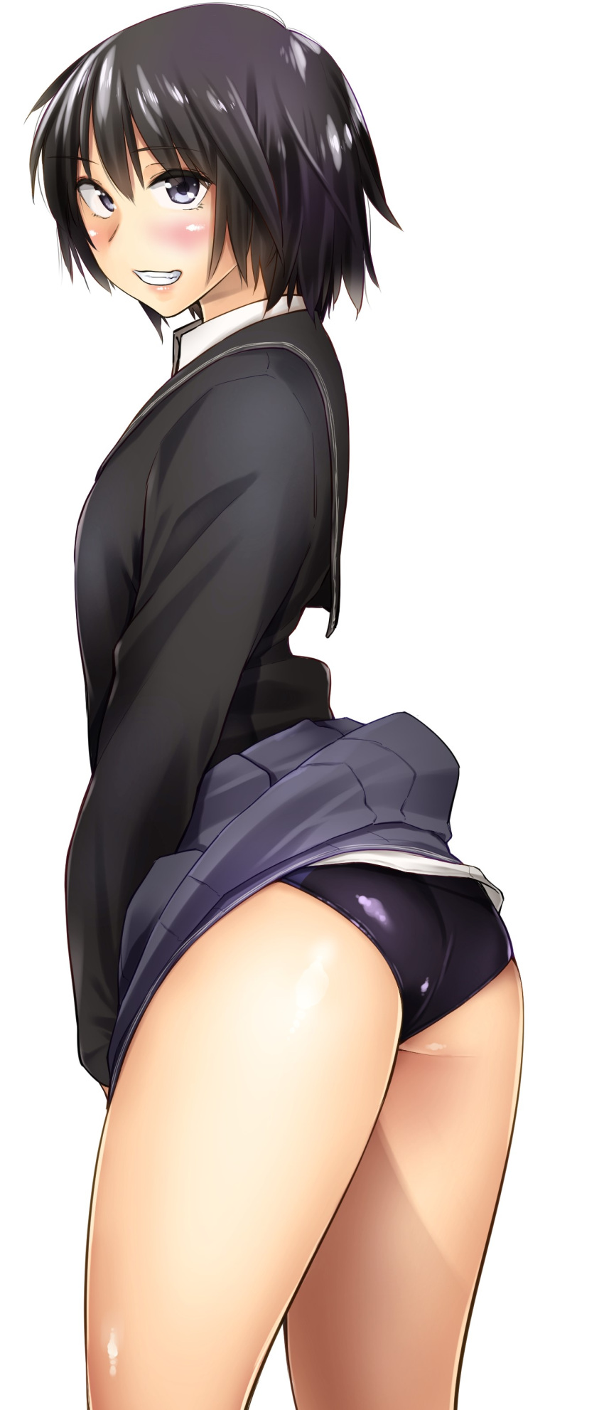 1girl absurdres amagami ass black_eyes black_hair black_jacket black_swimsuit blazer blush competition_swimsuit eisuke_(gobangai_hole_boys) eyebrows_visible_through_hair from_side grey_skirt grin hair_between_eyes highres jacket kibito_high_school_uniform long_sleeves looking_at_viewer miniskirt nanasaki_ai one-piece_swimsuit school_uniform short_hair simple_background skirt skirt_lift smile swimsuit swimsuit_under_clothes white_background