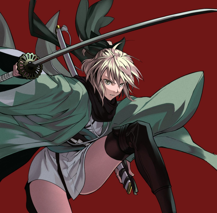 1girl black_bow black_legwear black_scarf bow brown_hair derivative_work fate/grand_order fate_(series) hair_between_eyes hair_bow highres holding holding_sword holding_weapon japanese_clothes katana kimono looking_at_viewer okita_souji_(fate) red_background scarf sheath solo sword thigh-highs weapon wide_sleeves yellow_eyes