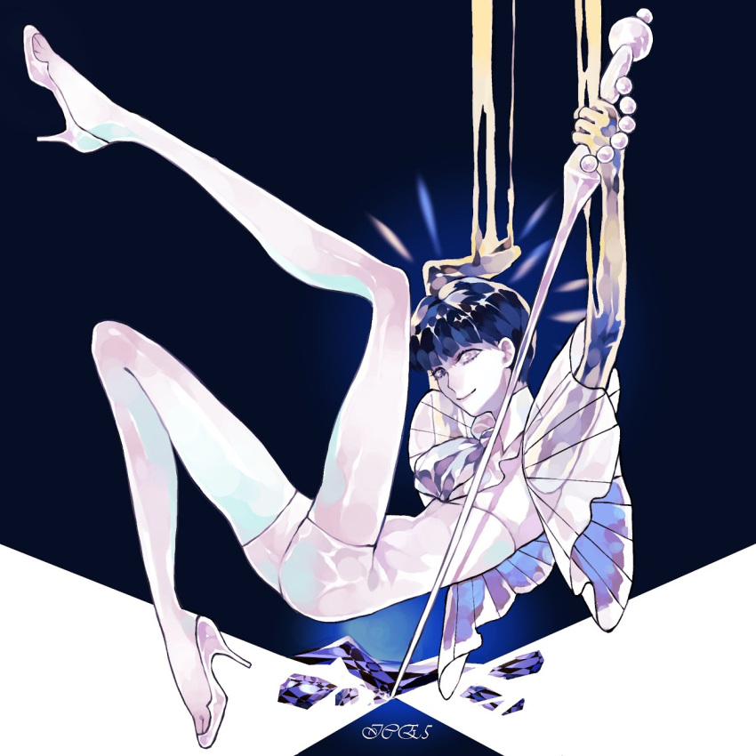 1other androgynous bangs blue_eyes blue_hair blunt_bangs crystal gem golden_arms heterochromia high_heels highres houseki_no_kuni lapis_lazuli_(stone) looking_at_viewer necktie phosphophyllite phosphophyllite_(ll) see-through shards short_hair smile solo spoilers sword weapon white_eyes