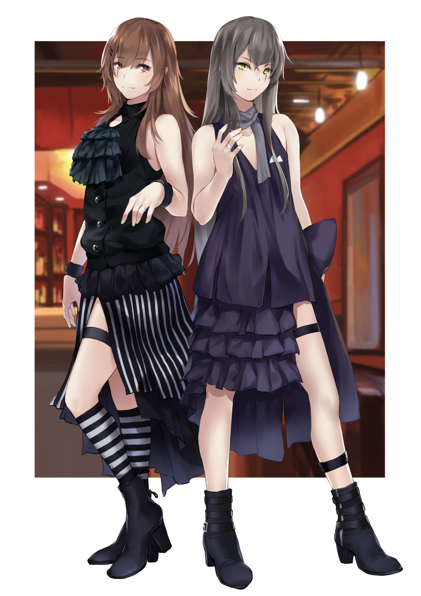 2girls :3 absurdres alternate_costume alternate_hairstyle bangs bare_shoulders black_footwear blush boots breasts brown_eyes brown_hair collarbone dress eyebrows_visible_through_hair full_body girls_frontline grey_hair hair_between_eyes hair_ornament hairclip hand_up head_tilt high_heel_boots high_heels highres ina_(inadiary) jewelry kneehighs leg_strap long_hair looking_at_viewer medium_breasts multiple_girls outside_border purple_dress ring scar scar_across_eye scarf shirt sidelocks skindentation skirt sleeveless sleeveless_shirt small_breasts smile standing striped striped_legwear striped_skirt thighs ump45_(girls_frontline) ump9_(girls_frontline) very_long_hair wedding_band wrist_straps yellow_eyes