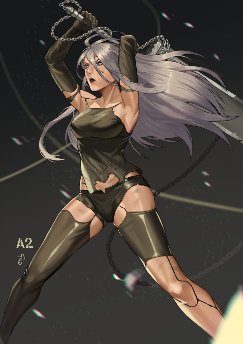 1girl absurdres android armpits arms_up asymmetrical_legwear black_legwear blue_eyes breasts character_name commentary ebiss06081 elbow_gloves gloves hair_between_eyes highres holding holding_sword holding_weapon long_hair nier_(series) nier_automata open_mouth robot_joints short_shorts shorts silver_hair solo standing sword tank_top weapon yorha_type_a_no._2