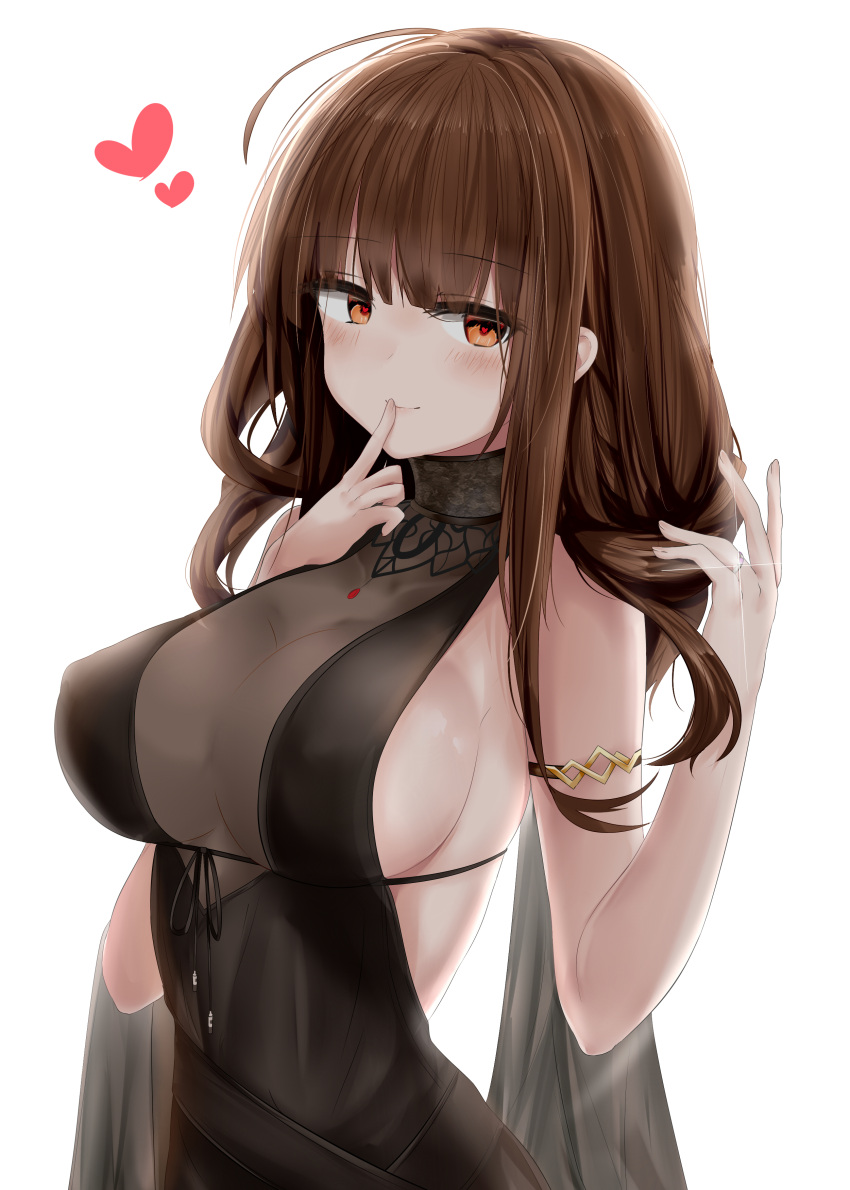 1girl absurdres ahoge alternate_costume armlet bangs black_dress blunt_bangs blush breasts brown_hair casual choker cleavage closed_mouth cup dress dsr-50_(girls_frontline) earrings eyebrows_visible_through_hair finger_to_mouth flying_heart girls_frontline hair_ornament heart heart-shaped_pupils highres jewelry large_breasts leaning_forward long_hair looking_at_viewer no_bra pendant petals red_eyes ring ru_zhai ruby_(stone) side_slit sideboob sidelocks simple_background smile solo symbol-shaped_pupils thighs upper_body very_long_hair wavy_hair wedding_band white_background