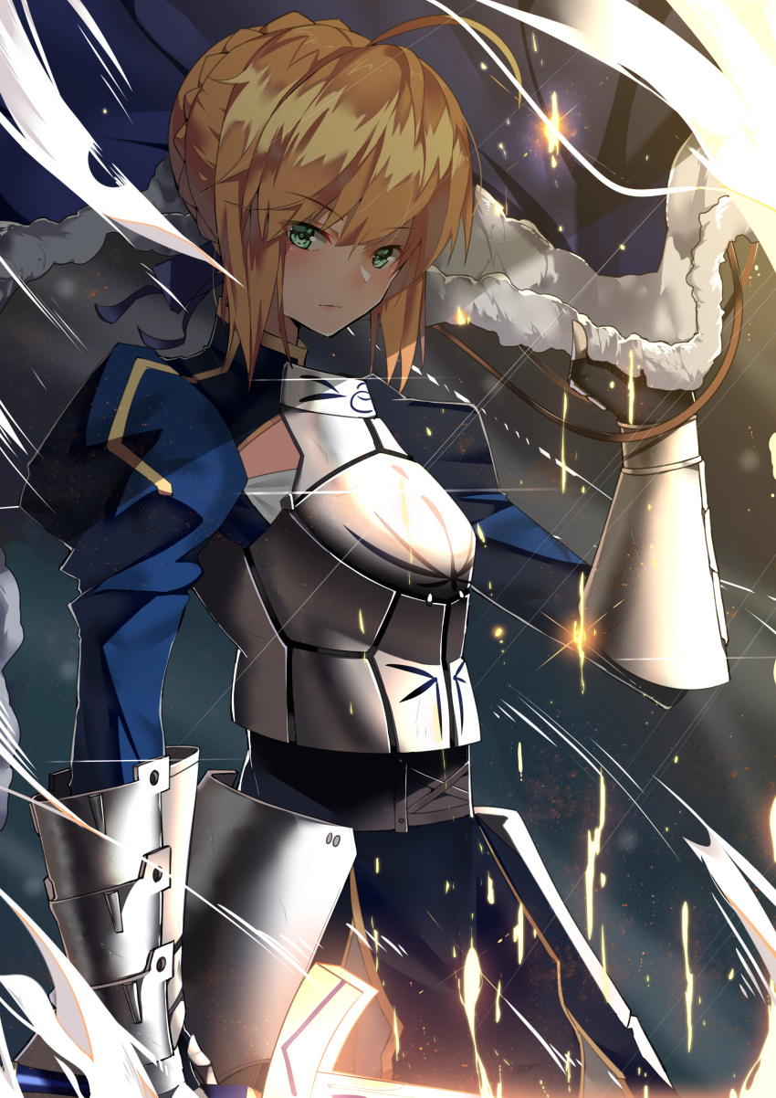 1girl absurdres ahoge armor armored_dress artoria_pendragon_(all) bangs blonde_hair blue_cloak blue_dress blue_ribbon braid breastplate cloak closed_mouth dress excalibur eyebrows_visible_through_hair fate/stay_night fate_(series) faulds french_braid fur-trimmed_cloak gauntlets glint glowing glowing_sword glowing_weapon green_eyes hair_between_eyes hair_bun hair_ribbon highres holding holding_sword holding_weapon juliet_sleeves light_particles long_sleeves looking_at_viewer lucky_(1045044604) puffy_sleeves ribbon saber serious shade shiny shiny_hair short_hair sidelocks solo standing sword weapon