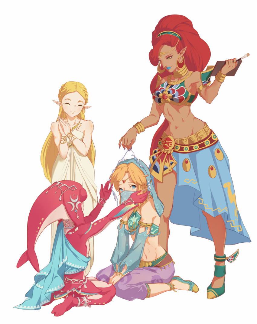 1boy 3girls blonde_hair bracelet circlet crossdressinging detached_sleeves dress earrings gerudo gerudo_link hands_together head_fins highres jewelry link lipstick long_skirt makeup mipha multiple_girls nail_polish navel otoko_no_ko pointy_hair princess_zelda sash simple_background sindomizuki sitting skirt smile stomach the_legend_of_zelda the_legend_of_zelda:_breath_of_the_wild toned urbosa wariza white_dress zora