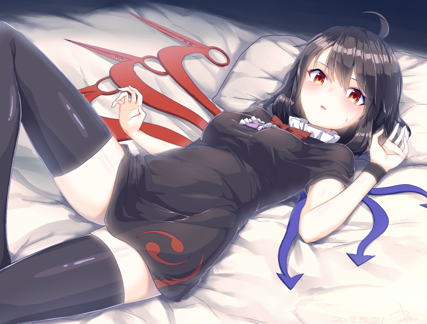 1girl ahoge asymmetrical_wings bed_sheet black_dress black_hair black_legwear blush bow bowtie dress highres houjuu_nue kisamu_(ksmz) looking_at_viewer lying on_back open_mouth orange_eyes pillow red_neckwear short_hair short_sleeves solo thigh-highs touhou white_pillow wings zettai_ryouiki