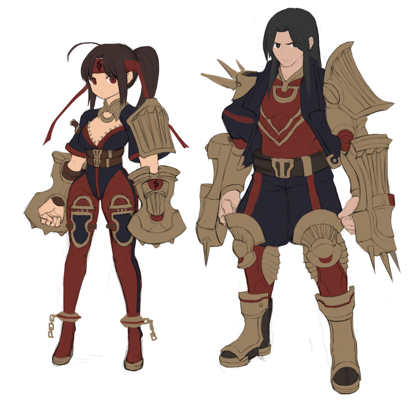 1boy 1girl absurdres ahoge ankle_cuffs armor armored_boots belt belt_buckle boots breasts brown_hair buckle chains headband highres long_hair original pants ponytail red_eyes red_headband red_pants shield sketch sookmo striped vertical-striped_pants vertical_stripes