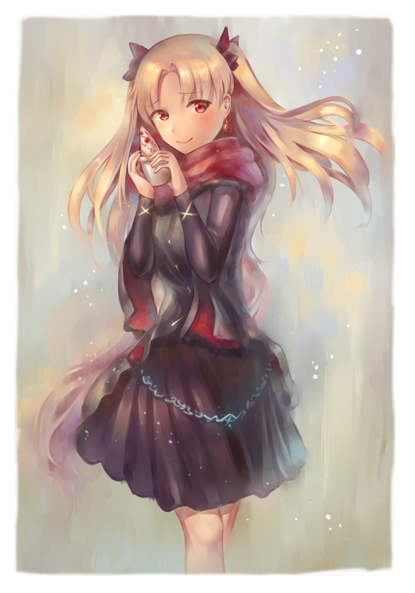 1girl absurdres black_coat black_skirt blonde_hair blush coat earrings ereshkigal_(fate/grand_order) fate/grand_order fate_(series) hair_ribbon highres jewelry long_hair looking_at_viewer red_eyes ribbon scarf skirt smile solo two_side_up winter_clothes winter_coat yahiro_(666131415)