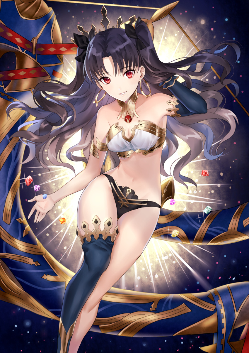 1girl asymmetrical_legwear asymmetrical_sleeves bangs bare_shoulders bikini black_bikini_bottom black_hair black_ribbon breasts bridal_gauntlets cleavage collarbone detached_collar earrings elbow_gloves fate/grand_order fate_(series) gem gloves hair_ribbon hand_in_hair heavenly_boat_maanna highres hips hoop_earrings ishtar_(fate/grand_order) jewelry legs long_hair looking_at_viewer medium_breasts navel neck_ring parted_bangs red_eyes ribbon shiraki_(shiraki_shiki) single_elbow_glove single_thighhigh smile solo sparkle swimsuit thigh-highs thighs tiara tohsaka_rin two_side_up waist white_bikini_top