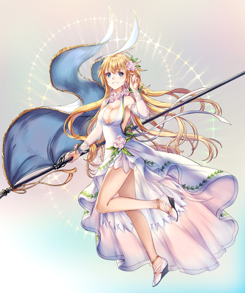 1girl :d alternate_costume backless_outfit banner blonde_hair blue_eyes blush breasts cleavage commentary detached_sleeves dress fate/apocrypha fate/grand_order fate_(series) flagpole flower hair_flower hair_ornament highres jeanne_d'arc_(fate) jeanne_d'arc_(fate)_(all) large_breasts long_dress long_hair looking_at_viewer mabinogi open_mouth parnasso pink_dress platform_footwear platform_heels smile solo