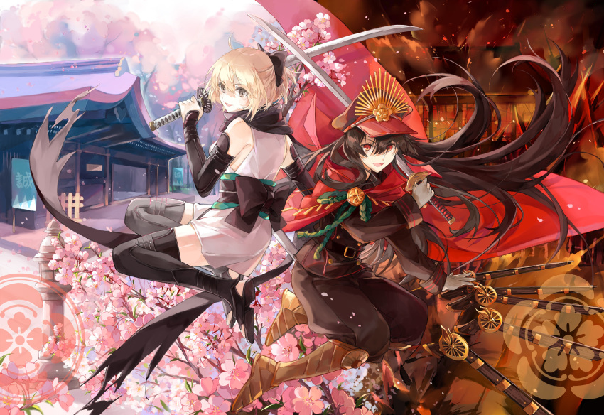 2girls absurdres ahoge black_bow black_hair black_hat black_scarf bow cape commentary_request family_crest fate/grand_order fate_(series) hair_bow haori hat highres holding holding_sword holding_weapon japanese_clothes katana kimono lizi13896363898 military military_hat military_uniform multiple_girls obi oda_nobunaga_(fate) oda_uri okita_souji_(fate) peaked_cap red_cape red_eyes sash scarf short_kimono sleeveless sleeveless_kimono sword uniform weapon white_kimono