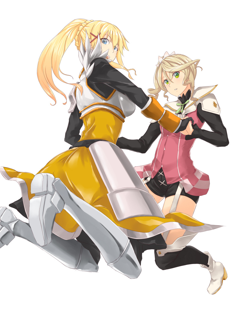 2girls absurdres alisha_diphda armor armored_boots armored_dress bangs black_legwear black_pants black_shorts blonde_hair blue_eyes boots crossover darkness_(konosuba) eyebrows_visible_through_hair floating_hair garter_straps green_eyes hair_between_eyes hair_ornament highres holding_hand interlocked_fingers knee_boots kono_subarashii_sekai_ni_shukufuku_wo! long_hair looking_at_viewer multiple_girls open_mouth pants pants_under_dress parted_lips ponytail saruno_(eyesonly712) seiyuu_connection short_shorts shorts side_ponytail simple_background tales_of_(series) tales_of_zestiria thigh-highs white_background white_footwear