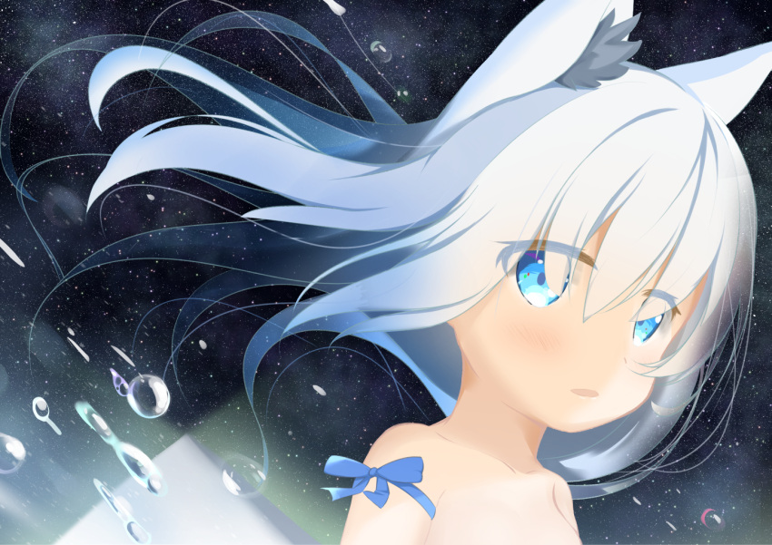 1girl animal_ears bangs blue_bow blue_eyes blush bow collarbone commentary_request eyebrows_visible_through_hair eyes_visible_through_hair floating_hair hair_between_eyes kogyokuapple long_hair looking_at_viewer nude original out-of-frame_censoring parted_lips solo water_drop