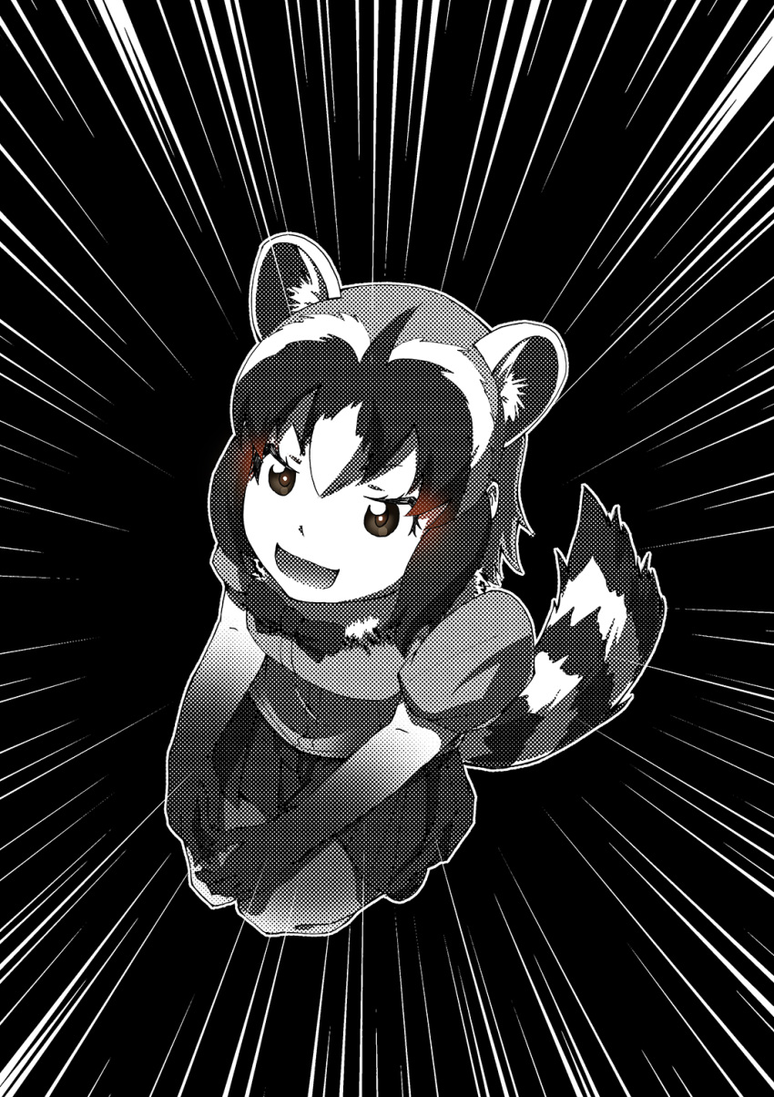 1girl animal_ears bangs bow bowtie brown_eyes commentary common_raccoon_(kemono_friends) emphasis_lines greyscale halftone highres kaya_(nari1-24) kemono_friends miniskirt monochrome open_mouth pleated_skirt puffy_short_sleeves puffy_sleeves raccoon_ears raccoon_tail seiza shirt short_hair short_sleeves sitting skirt smile solo spot_color tail