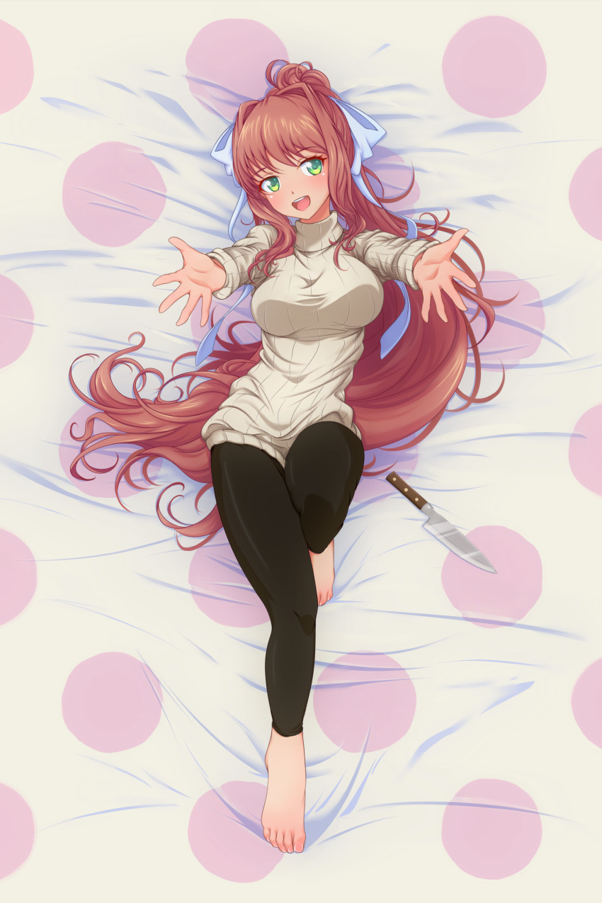 1girl :d absurdres barefoot bed_sheet beige_sweater black_pants breasts brown_hair casual commentary cosplay doki_doki_literature_club english_commentary eyebrows_visible_through_hair from_above full_body green_eyes hair_ribbon highres knife long_hair looking_at_viewer lying medium_breasts monika_(doki_doki_literature_club) on_back open_mouth outstretched_arms p-nekoe pants ponytail ribbed_sweater ribbon smile solo sweater very_long_hair white_ribbon yuri_(doki_doki_literature_club) yuri_(doki_doki_literature_club)_(cosplay)