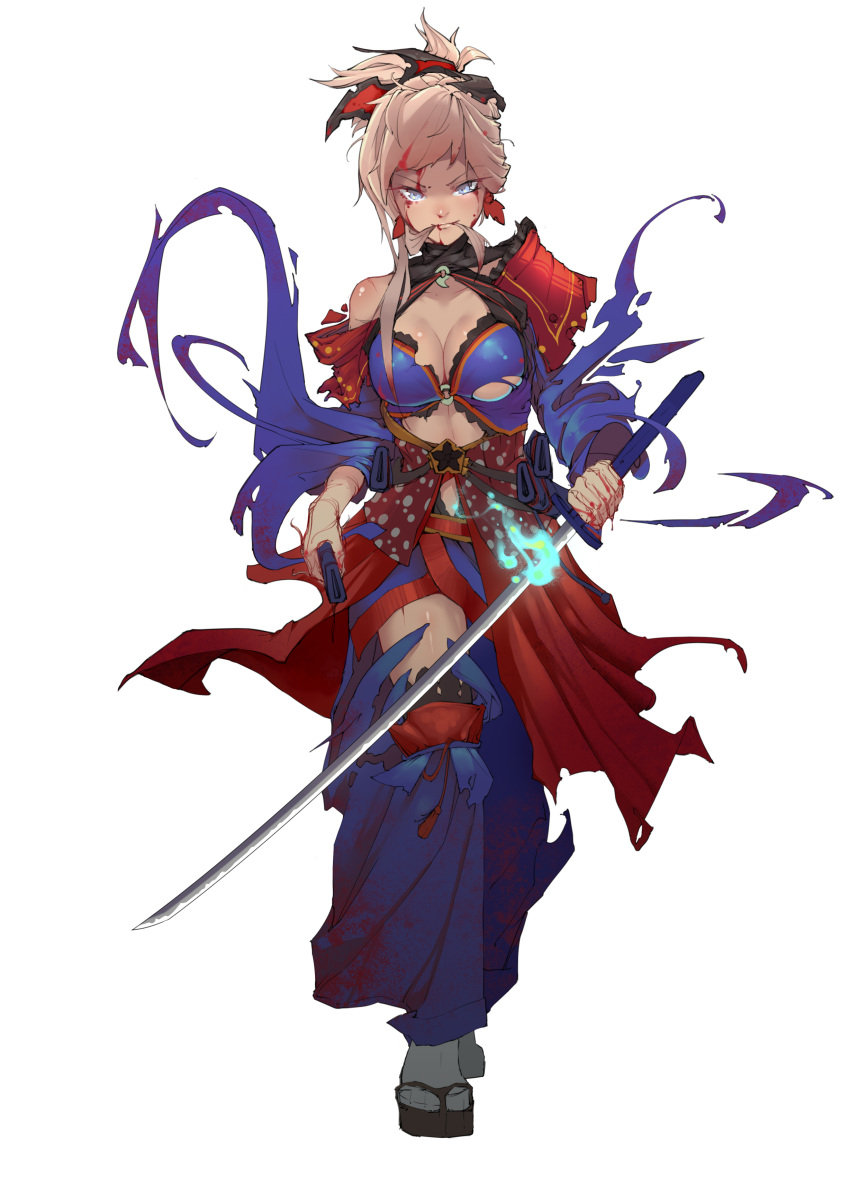 1girl absurdres blood blood_on_face blue_eyes blue_kimono breasts cleavage di_yi_xing_zian fate/grand_order fate_(series) full_body highres holding holding_sheath holding_sword holding_weapon japanese_clothes katana kimono large_breasts long_hair looking_at_viewer miyamoto_musashi_(fate/grand_order) ponytail sheath silver_hair simple_background smile solo spaulders standing sword torn_clothes torn_kimono weapon white_background white_legwear
