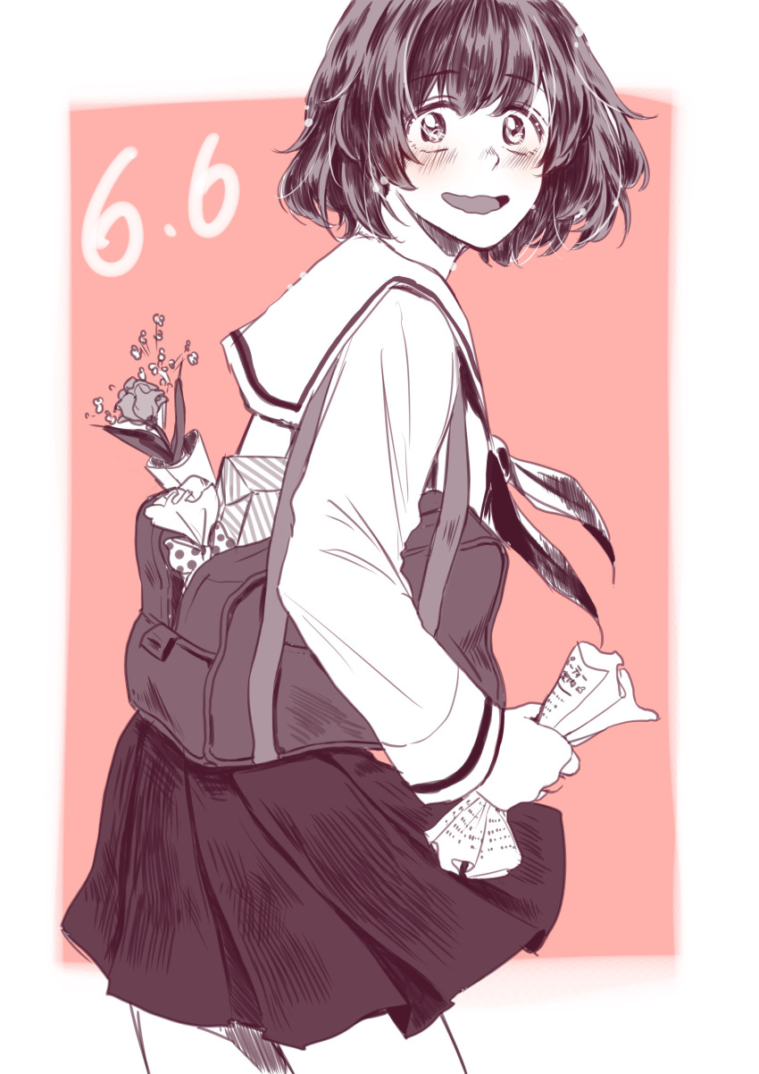 1girl absurdres akiyama_yukari backpack bag bangs birthday blouse blush commentary cowboy_shot crumpled_paper dated eyebrows_visible_through_hair flower from_side gift girls_und_panzer happy highres holding kani_aruki_(bucket_crawl) long_sleeves looking_at_viewer messy_hair miniskirt monochrome neckerchief ooarai_school_uniform open_mouth paper pleated_skirt school_uniform serafuku short_hair skirt solo standing wavy_mouth