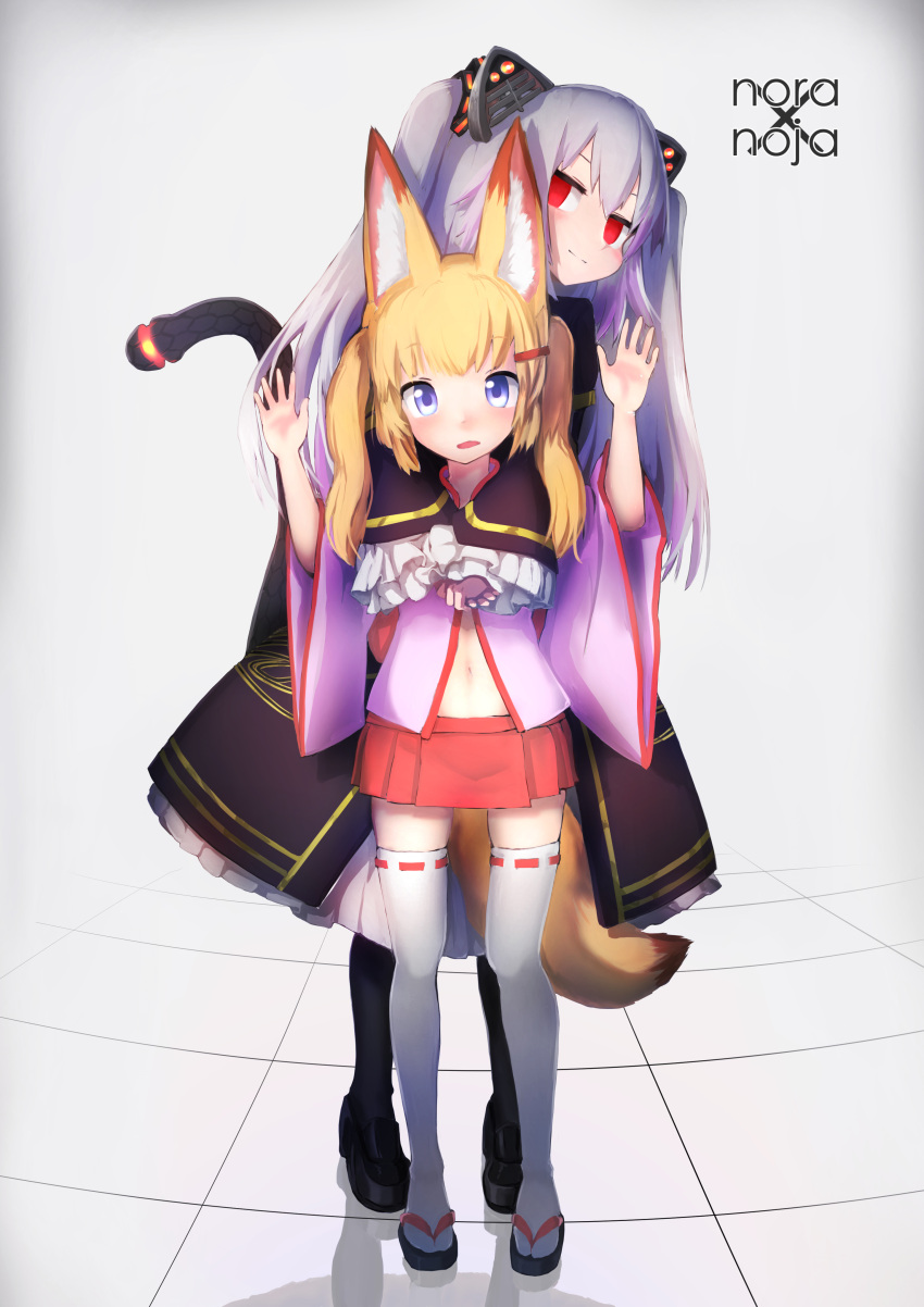 2girls absurdres animal_ears arms_up bell black_dress black_legwear blonde_hair blue_eyes cat_ears detached_sleeves dress empty_eyes fake_animal_ears fox_ears fox_tail fukutchi grey_hair hair_ornament hairclip hands_together highres hug hug_from_behind jingle_bell kemomimi_oukoku_kokuei_housou long_hair mikoko_(kemomimi_oukoku_kokuei_housou) miniskirt multiple_girls nora_cat nora_cat_channel open_mouth pantyhose pink_shirt red_eyes red_skirt sandals shirt shoes skirt smile tabi tail thigh-highs twintails two_side_up virtual_youtuber white_legwear