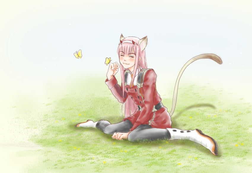 1girl :3 animal_ears between_legs black_legwear boots bug butterfly cat_ears cat_tail closed_eyes closed_mouth commentary_request darling_in_the_franxx grass hairband hand_between_legs horns insect long_hair masaki_(5115791) panties paw_pose pink_hair red_horns sitting solo tail underwear uniform wariza white_footwear white_hairband zero_two_(darling_in_the_franxx)