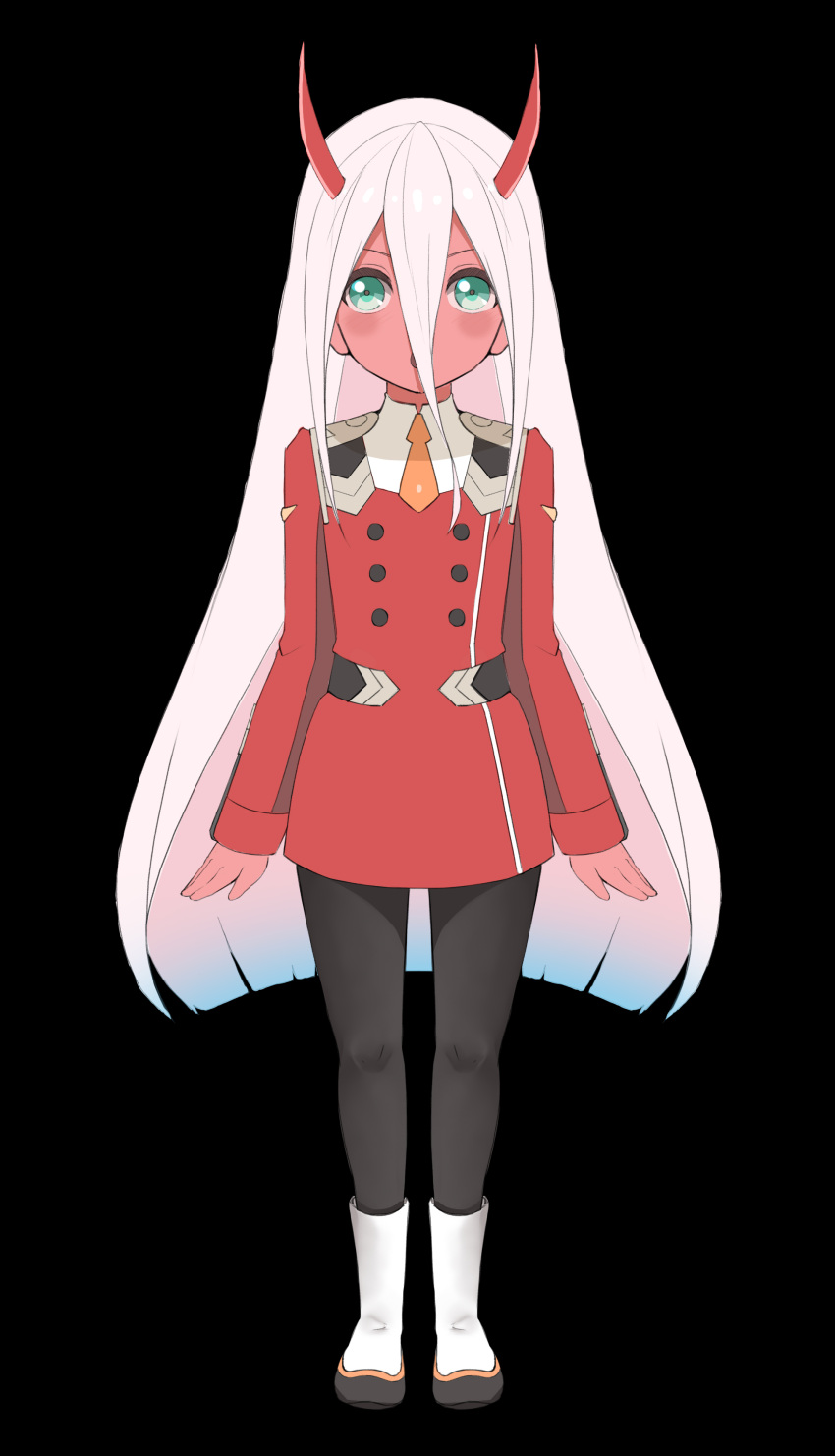 1girl absurdres alternate_costume aqua_eyes black_background black_legwear boots commentary_request darling_in_the_franxx erjian flat_chest hair_between_eyes highres long_hair oni_horns open_mouth orange_neckwear pantyhose red_horns red_skin silver_hair simple_background solo standing uniform very_long_hair younger zero_two_(darling_in_the_franxx)