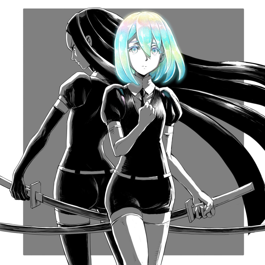 &gt;:| 2others androgynous black_gloves black_legwear bort clenched_hand diamond_(houseki_no_kuni) elbow_gloves gem_uniform_(houseki_no_kuni) gloves grey_background hand_up highres holding holding_sword holding_weapon houseki_no_kuni long_hair looking_at_viewer multicolored multicolored_eyes multicolored_hair short_hair short_sleeves side_glance spot_color sword ume_(yume_uta_da) very_long_hair weapon white_gloves white_legwear