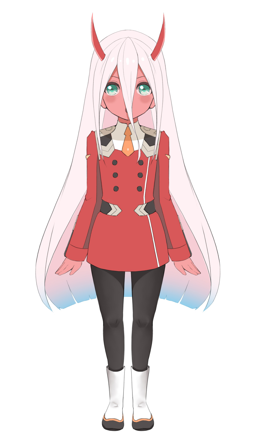 1girl absurdres alternate_costume aqua_eyes black_legwear boots commentary_request darling_in_the_franxx erjian flat_chest hair_between_eyes highres long_hair oni_horns open_mouth orange_neckwear pantyhose red_horns red_skin silver_hair simple_background solo standing uniform very_long_hair white_background younger zero_two_(darling_in_the_franxx)