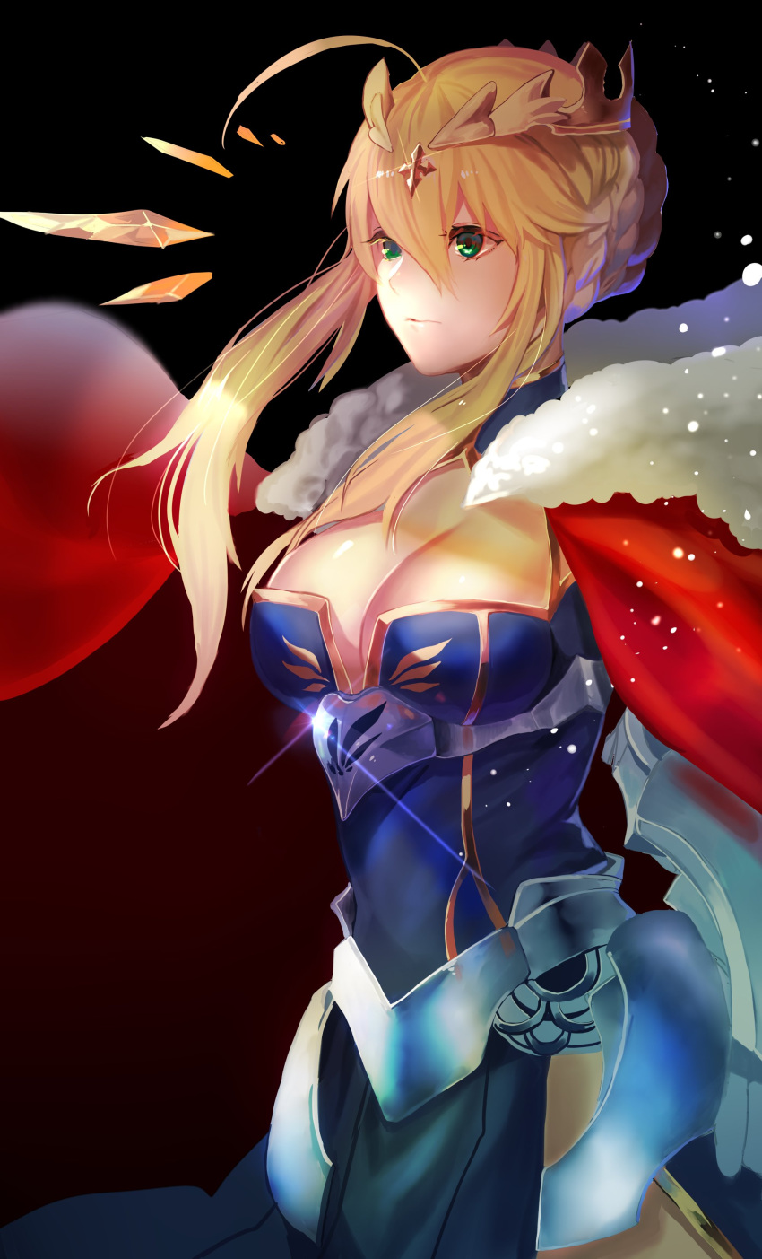 1girl absurdres ahoge armor artoria_pendragon_(all) artoria_pendragon_(lancer) blonde_hair blue_dress braid breasts cape cleavage closed_mouth crown dress fate/grand_order fate_(series) faulds french_braid fur-trimmed_cape fur_trim gauntlets green_eyes hair_between_eyes highres large_breasts red_cape sakupannda06o sidelocks