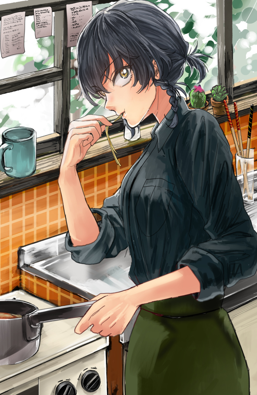 1girl absurdres anzio_military_uniform bangs black_hair black_shirt braid brown_eyes cactus closed_mouth commentary cooking cup day dress_shirt eating eyebrows_visible_through_hair food girls_und_panzer glass grey_skirt hair_tie hair_up highres holding indoors kani_aruki_(bucket_crawl) kitchen long_sleeves looking_at_viewer looking_back military military_uniform mug pasta pencil_skirt pepperoni_(girls_und_panzer) pot shirt short_hair side_braid skirt sleeves_rolled_up solo standing tiles translation_request uniform upper_body window