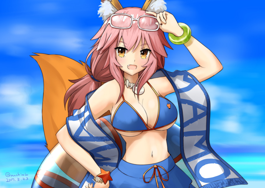 1girl animal_ears bikini blue_bikini breasts cleavage day fang fate/grand_order fate_(series) fox_ears fox_tail glasses hand_on_hip highres kaeru_neko large_breasts navel ocean open_mouth outdoors pink_hair side-tie_bikini solo swimsuit tail tamamo_(fate)_(all) tamamo_no_mae_(swimsuit_lancer)_(fate) yellow_eyes