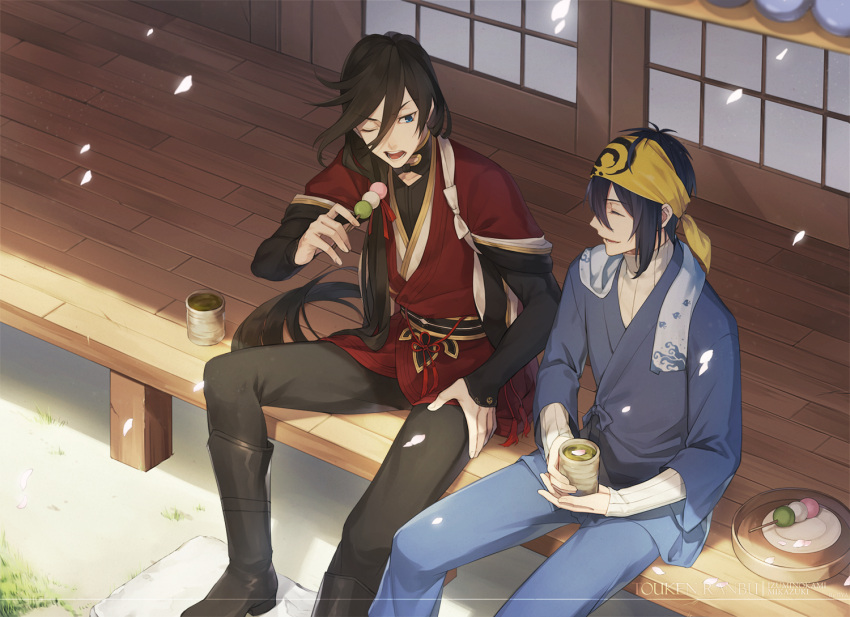 2boys bandanna black_hair blue_eyes boots byakuya0315 dango food green_tea izumi-no-kami_kanesada japanese_clothes long_hair male_focus mikazuki_munechika multiple_boys one_eye_closed pants petals sitting tea touken_ranbu veranda wagashi