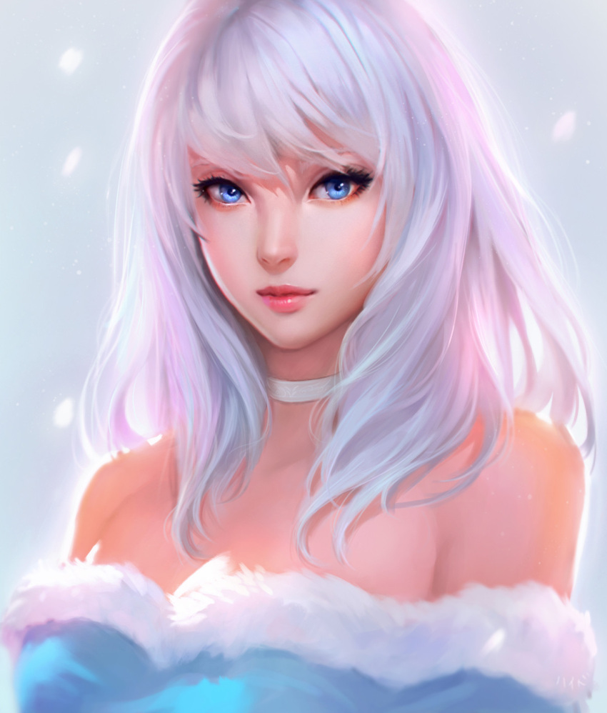1girl bare_shoulders blue_eyes choker closed_mouth commission dress fur_trim glowing highres lips long_hair looking_at_viewer nguyen_uy_vu original portrait simple_background solo strapless strapless_dress white_hair