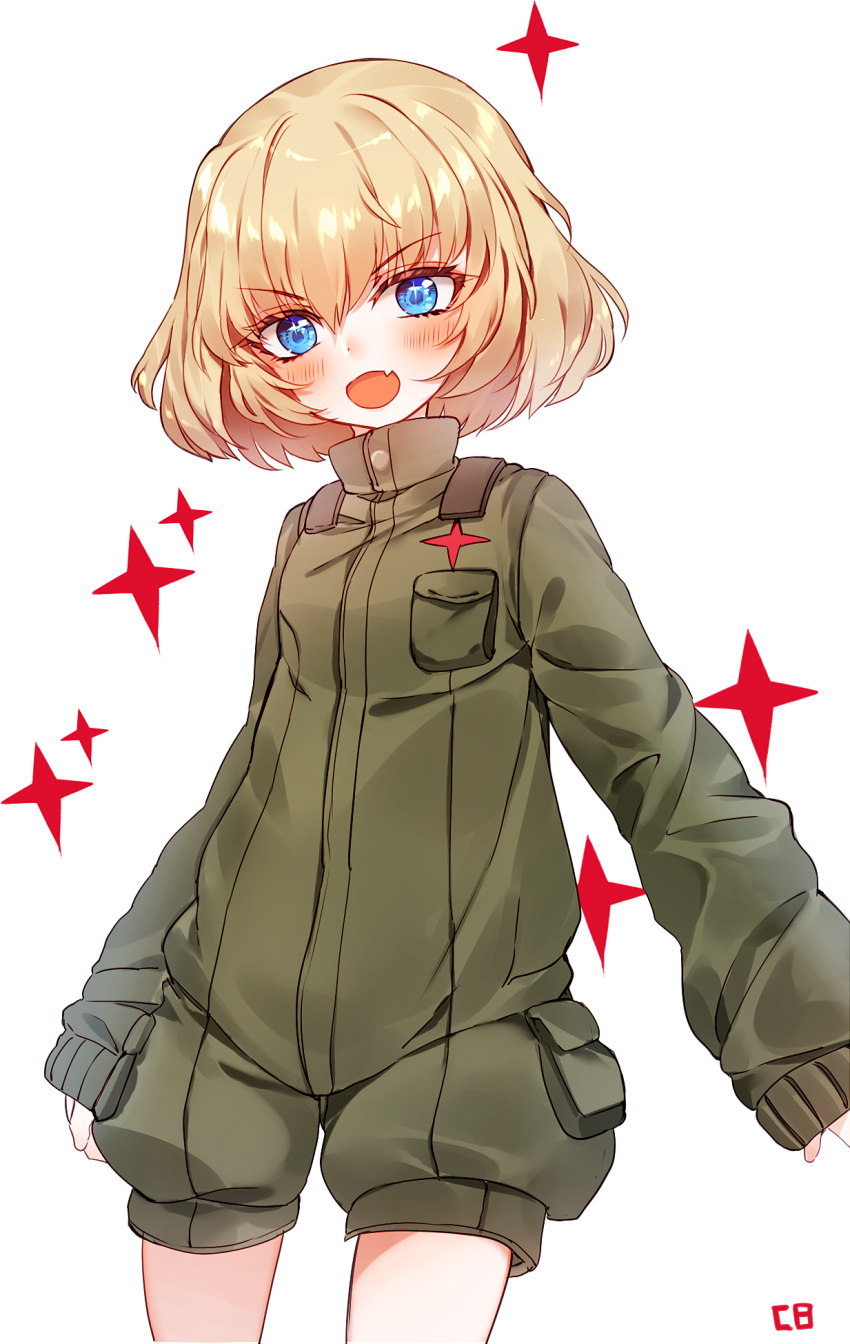 1girl baocaizi blonde_hair blue_eyes blush cowboy_shot fang girls_und_panzer highres katyusha looking_at_viewer open_mouth pravda_military_uniform short_hair shorts signature simple_background sleeves_past_wrists solo v-shaped_eyebrows white_background