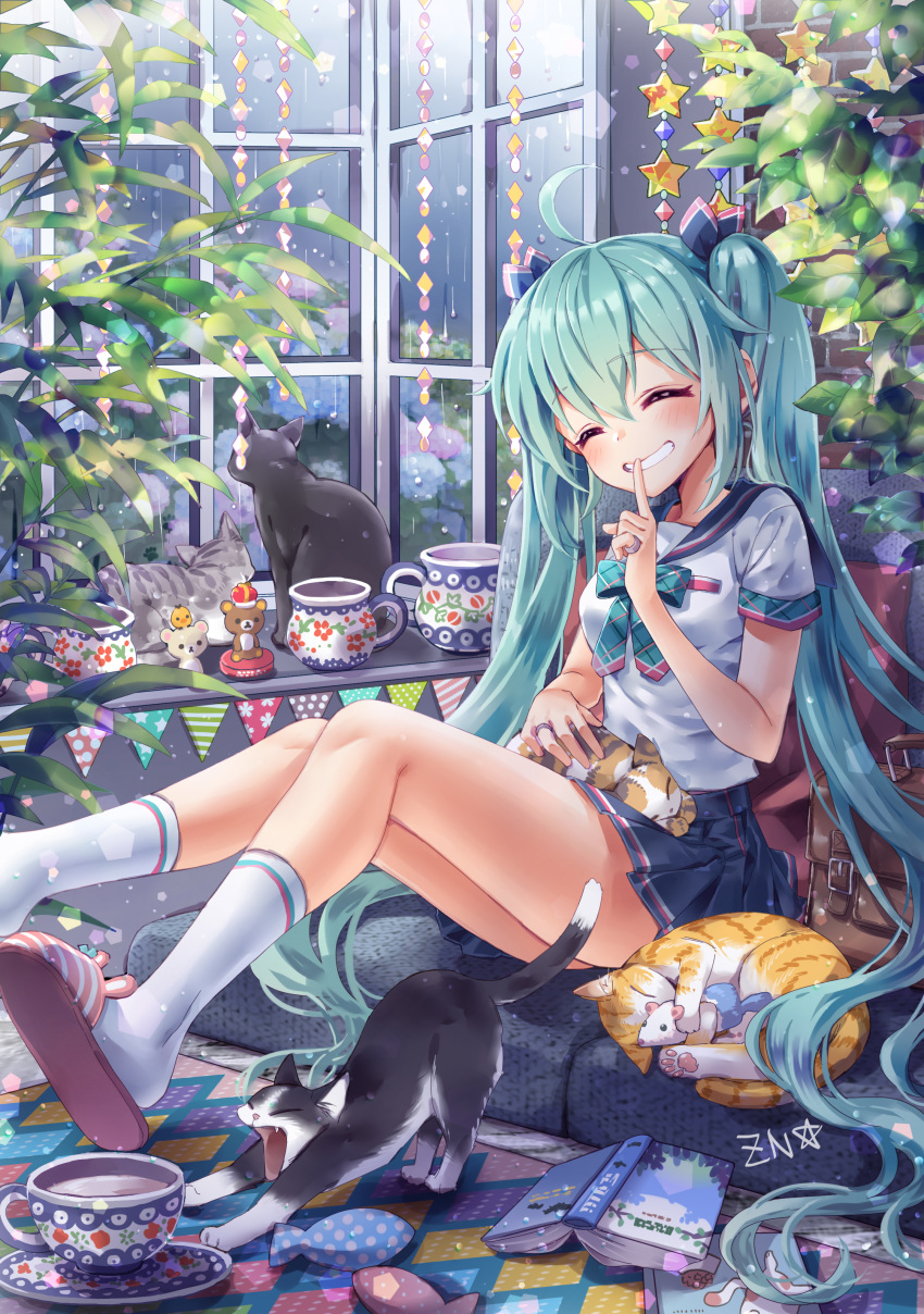 1girl absurdres ahoge aqua_hair blush book bow bowtie brick_wall cat closed_eyes cup eyebrows_visible_through_hair finger_to_mouth flower grin hair_between_eyes hatsune_miku highres hydrangea indoors jewelry long_hair pleated_skirt ring school_uniform serafuku sitting skirt slippers smile socks star stretch teacup twintails very_long_hair vocaloid window yawning zenyu