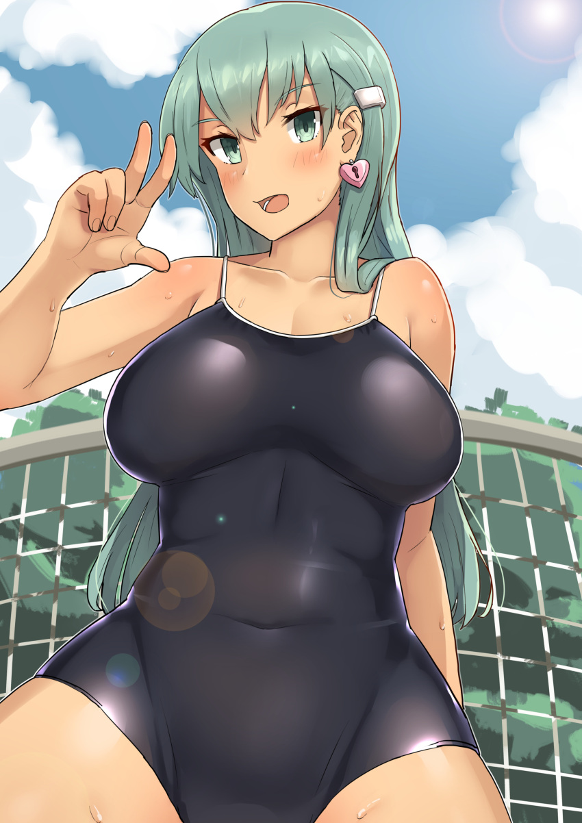 1girl absurdres aqua_eyes aqua_hair blue_swimsuit blush breasts cleavage clouds collarbone covered_navel day earrings hair_ornament hairclip heart_lock_(kantai_collection) highres jewelry kantai_collection large_breasts leaning_back lens_flare long_hair looking_at_viewer lying one-piece_swimsuit open_mouth outdoors revision sky solo soushou_nin suzuya_(kantai_collection) swimsuit thighs tree under_boob v wet