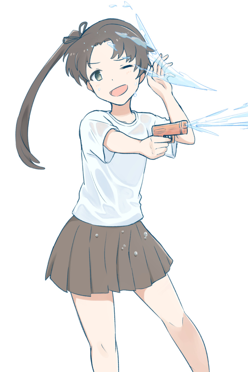 1girl :d ayanami_(kantai_collection) brown_hair commentary cowboy_shot green_eyes hair_ribbon highres kantai_collection long_hair one_eye_closed open_mouth pleated_skirt ribbon side_ponytail simple_background skirt smile solo standing wachi_(hati1186) water water_gun wet wet_clothes white_background